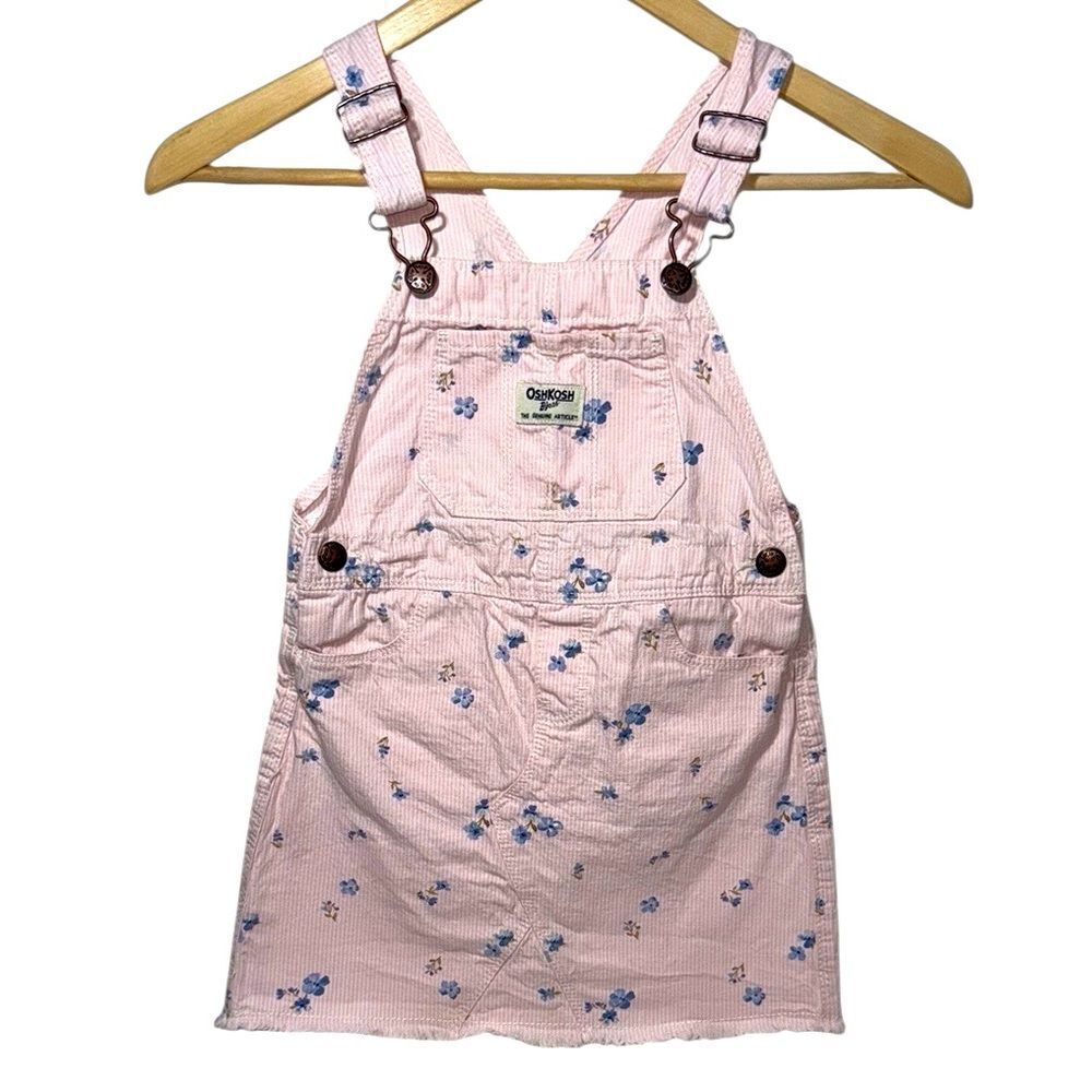 OshKosh B'gosh Baby Pink Pinstriped Watercolor Floral Print Overalls Dress - Picture 2 of 8